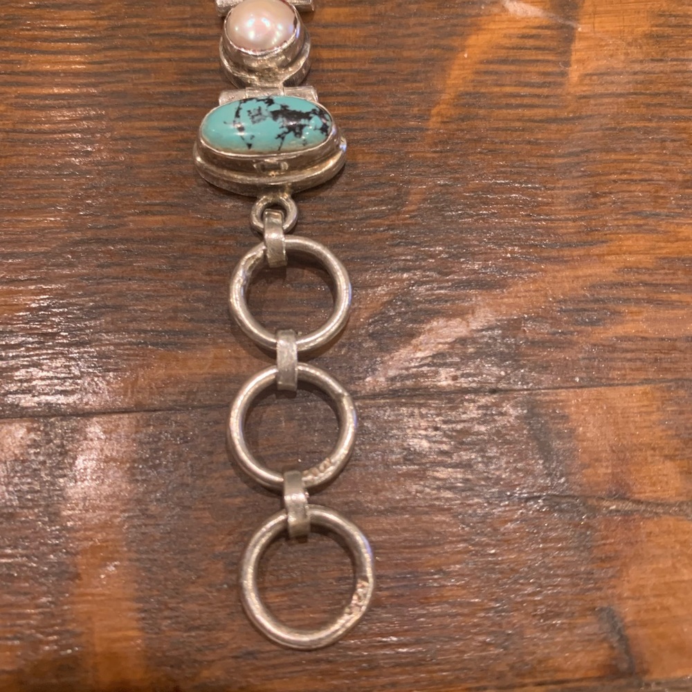 Vintage pearl and turquoise sterling silver bracelet - Picture 8 of 12